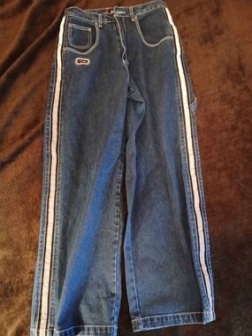 Plugg Men's Relaxed Dark Blue Jeans with White Side Stripes